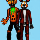 Animated characters with pumpkin head and green glow, alongside human-like figure in red jacket and black pants.