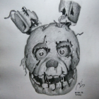 Monochromatic surreal drawing of grotesque faces with mechanical parts and stitches