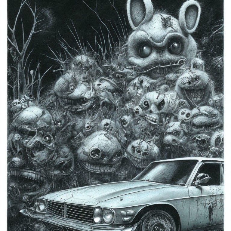 Grayscale drawing of surreal creatures above vintage car