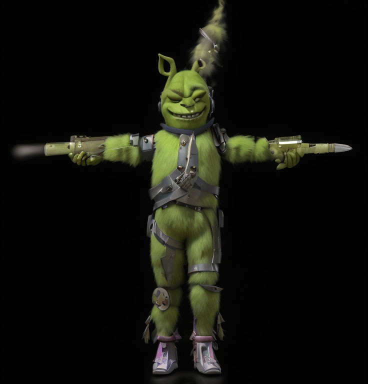 Green Troll-Like Character in Armor Holding Spear on Black Background
