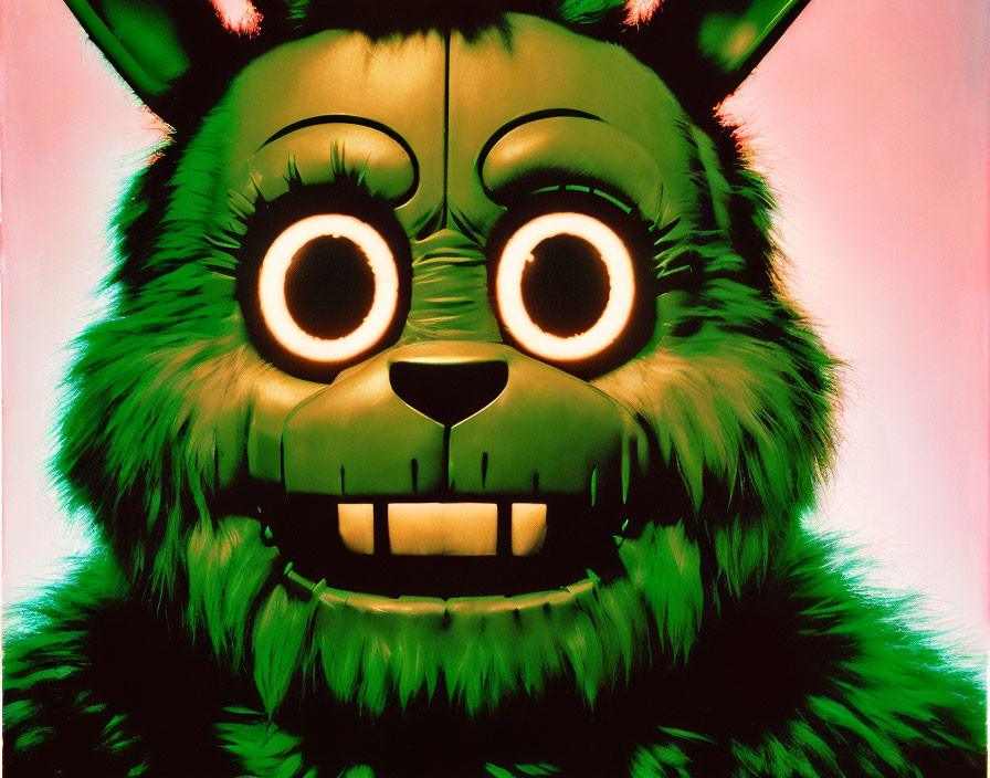 Detailed Close-Up of Green Furry Costume Head with Large Black Eyes