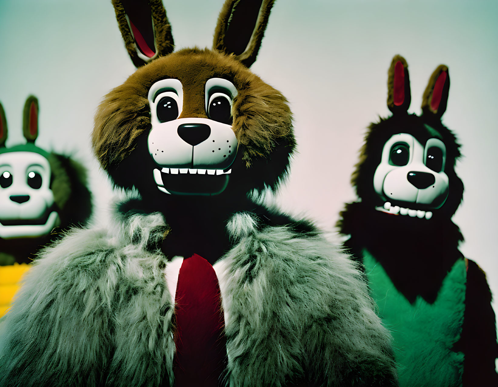 Three individuals in oversized dog costumes with rabbit ears and shirts and ties posing with exaggerated smiles.