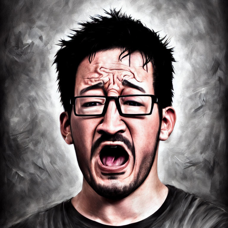 Man grimacing with exaggerated facial features and high-contrast stylized effect.