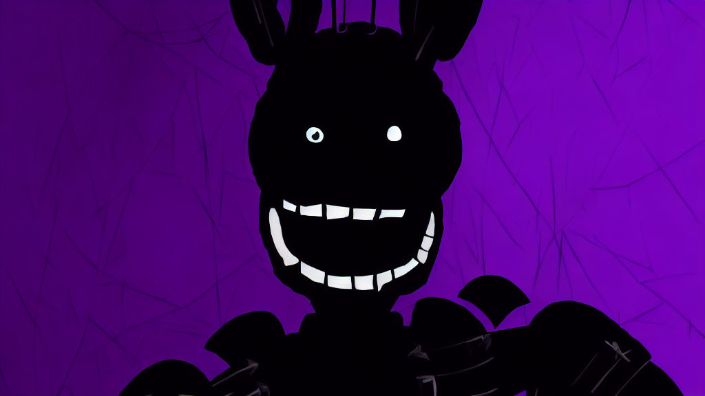 Cartoonish character with white eyes and toothy smile on purple background.