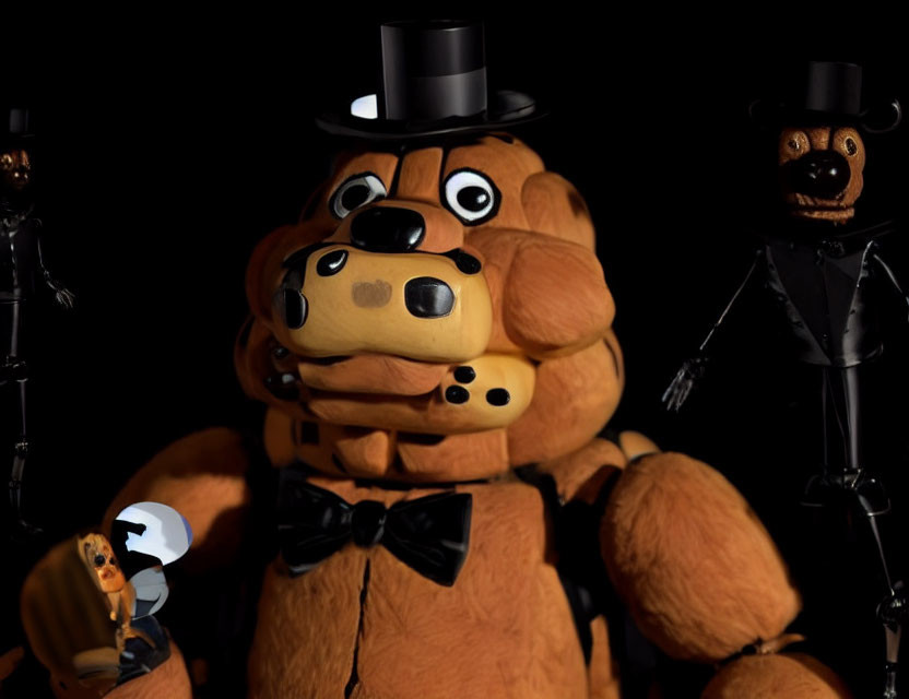 Anthropomorphic brown bear plush toy with black hat and bow tie, surrounded by shadowy figures with
