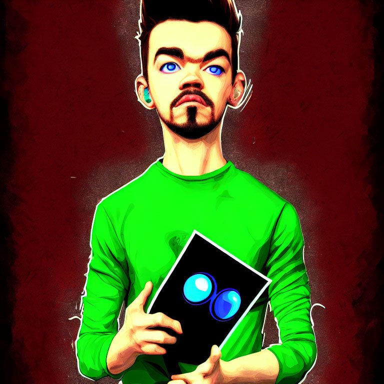 Illustration of person with exaggerated facial features in green shirt holding device with blue logo