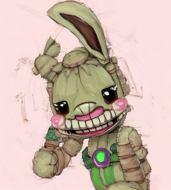 Whimsical robotic rabbit with green body and glowing chest element