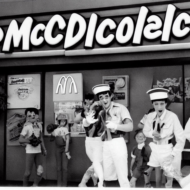 Monochrome image of sailors entertaining kids at McDonald's