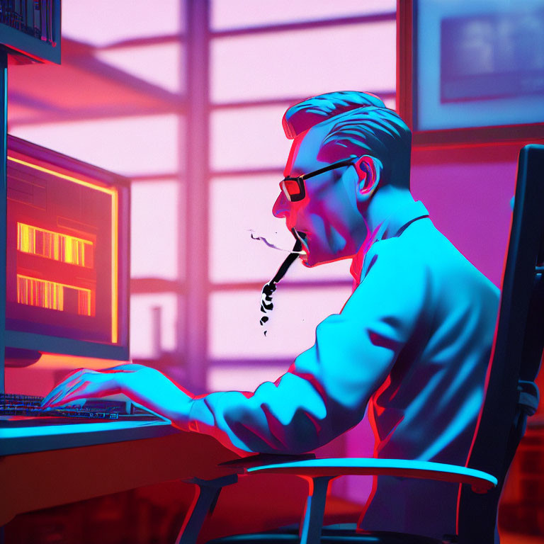 Stylized illustration of man working on computer at night in neon colors