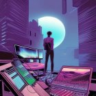 Person surrounded by laptops under neon city moon.