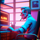 Stylized illustration of man working on computer at night in neon colors