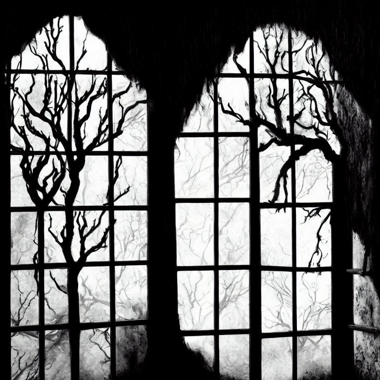 Bare Trees Silhouetted Through Square-Paneled Windows