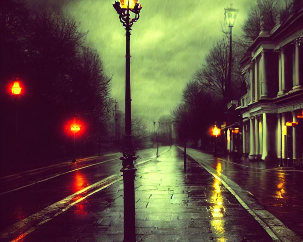 Misty evening with wet streets, vintage lamps, and glowing lights