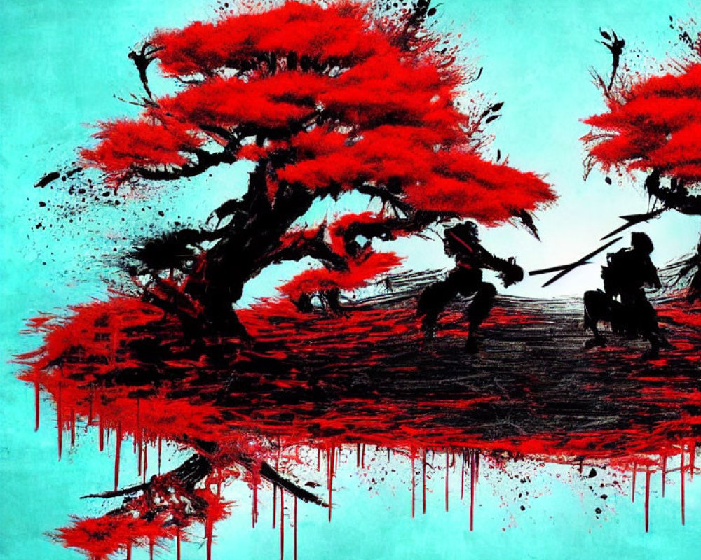 Abstract Artwork: Silhouetted Samurai Warriors under Red Tree on Teal Background