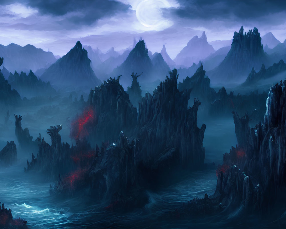 Panoramic fantasy landscape with craggy mountains and glowing red flora
