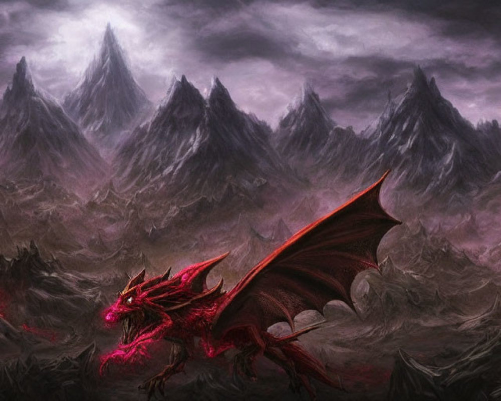Red Dragon in Ominous Landscape with Silhouetted Figures