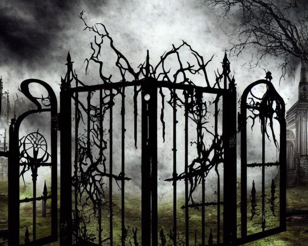 Eerie Wrought Iron Gate Leading to Misty Graveyard