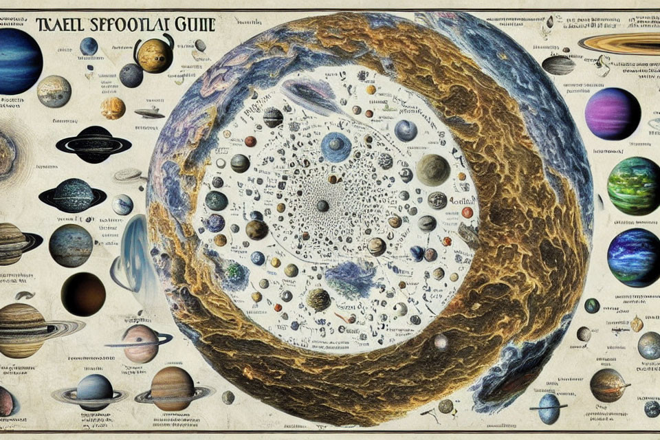 Illustration of Celestial Bodies, Spaceships, and Planet Layers