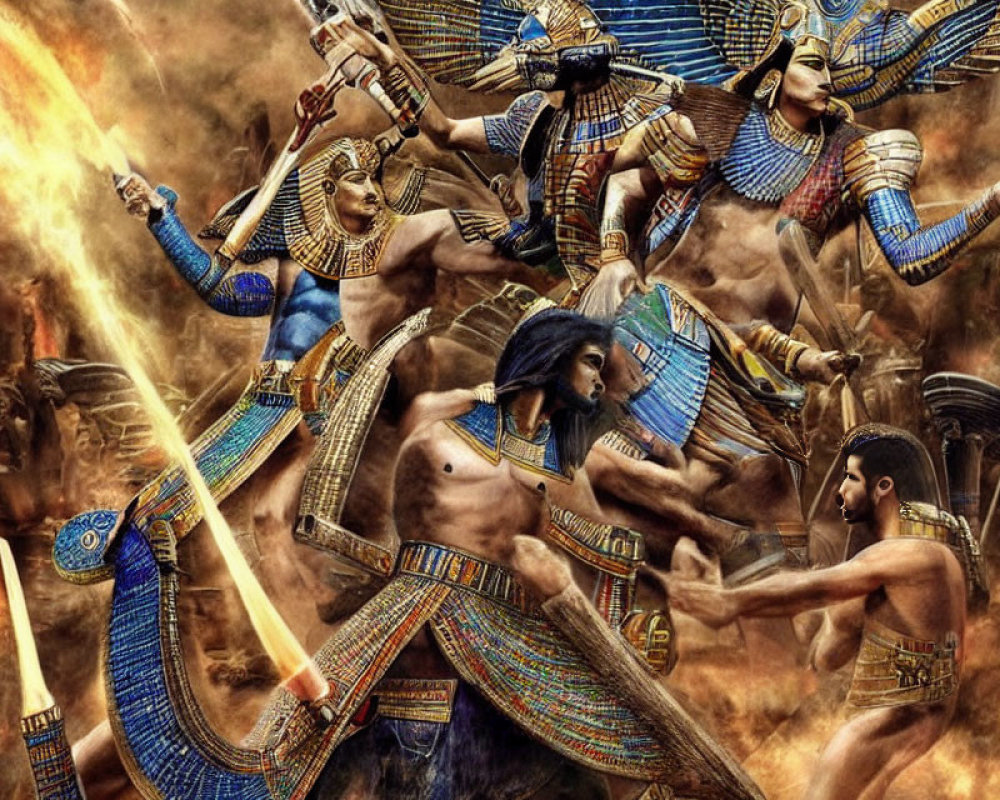 Ancient Egyptian gods and warriors in combat with traditional armor and weapons