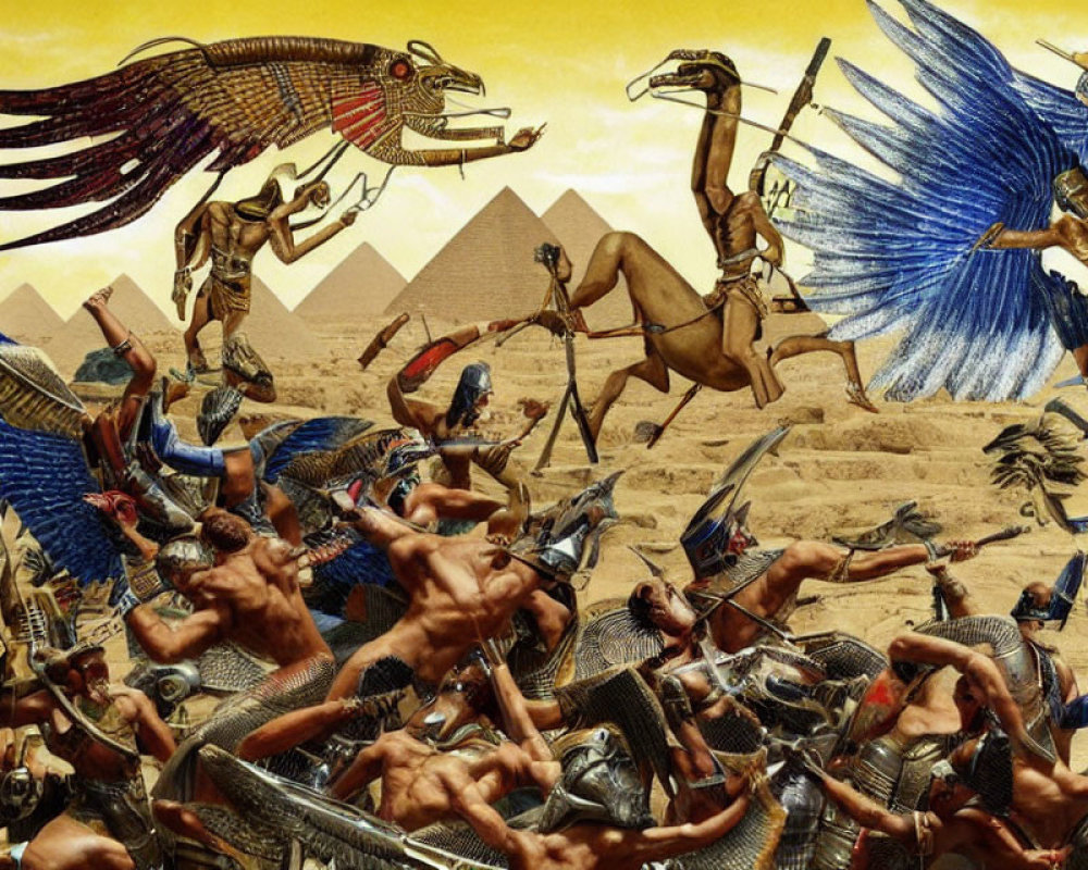 Mythological battle scene in ancient Egypt with warriors, winged creatures, camels, and py