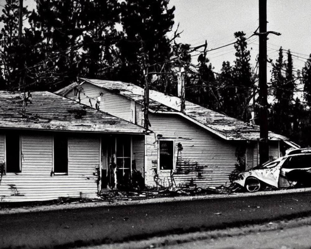 Monochrome image of damaged house and car with scattered debris