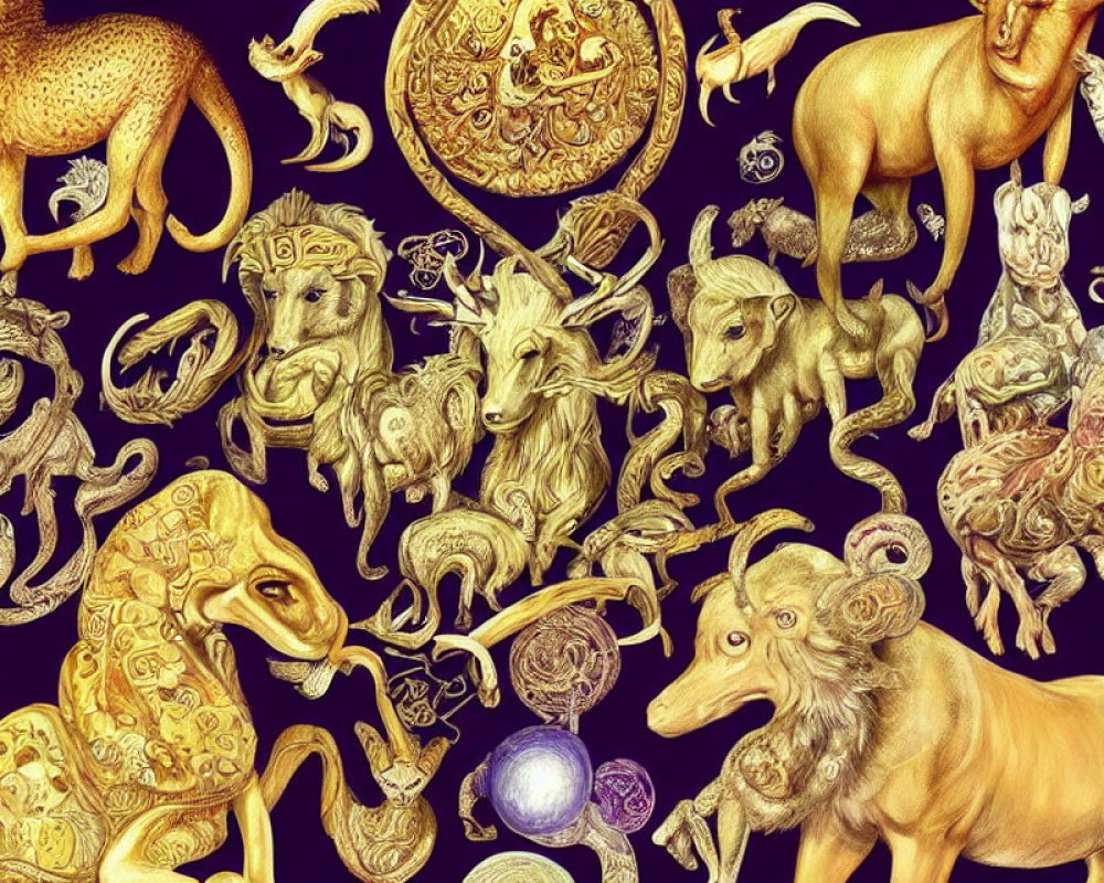 Detailed golden zodiac signs with lion, bull, goat, and horse symbols on celestial sphere