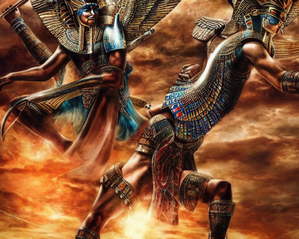 Ancient Egyptian figures in ornate attire battling under fiery sky