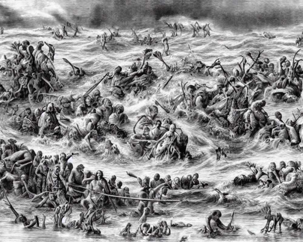 Monochrome illustration of people in sea disaster