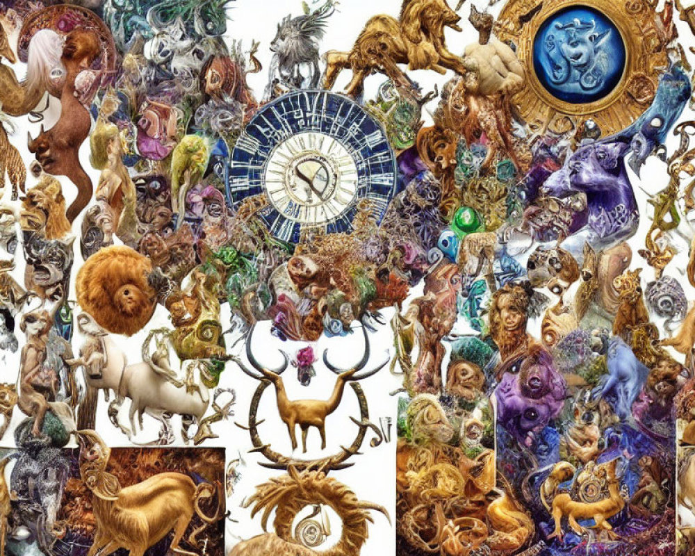 Colorful Mythological Creatures & Zodiac Signs Collage with Celestial Clock