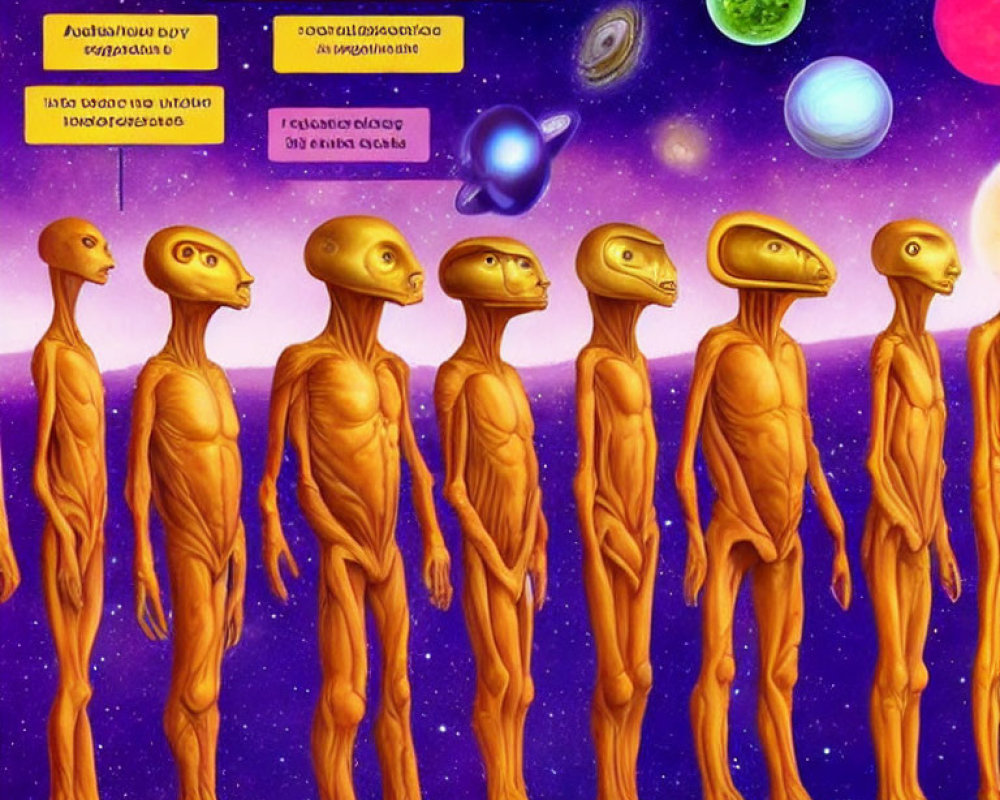 Seven Orange Bipedal Extraterrestrial Beings in Space Scene with Planets and Spacecraft