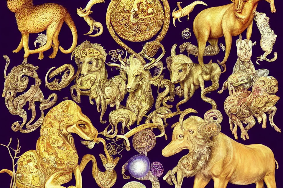 Detailed golden zodiac signs with lion, bull, goat, and horse symbols on celestial sphere
