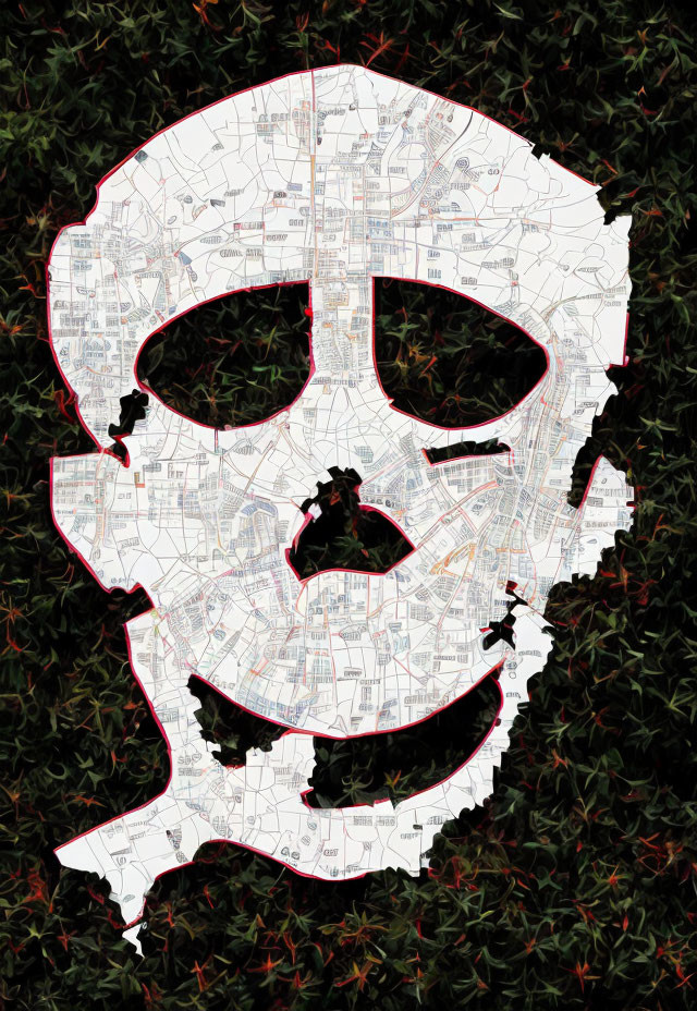 Skull-shaped city map art on leafy background