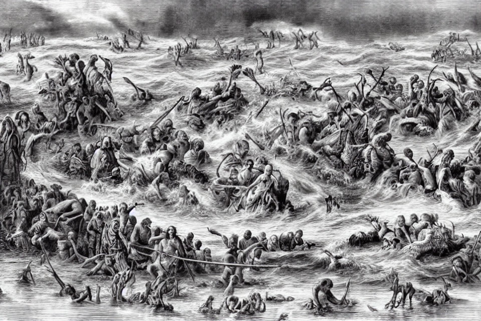 Monochrome illustration of people in sea disaster