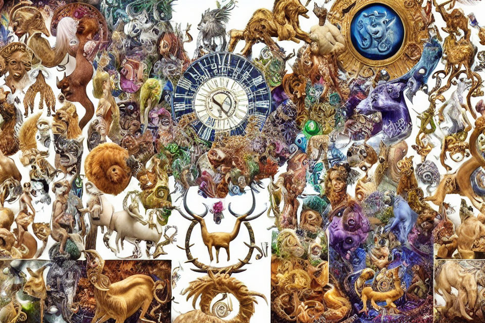 Colorful Mythological Creatures & Zodiac Signs Collage with Celestial Clock