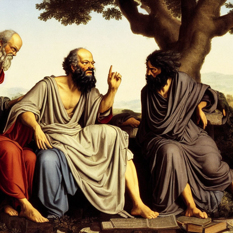 Three Figures in Robes Discussing Under Tree with Gesturing and Book