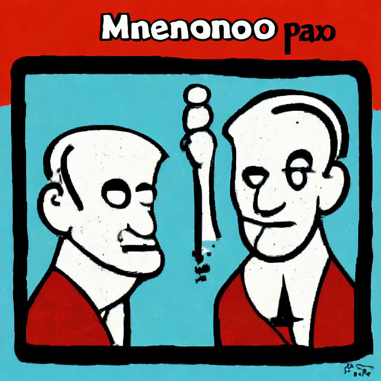 Stylized drawing of two identical characters in black border on red and blue background with Cyrillic text