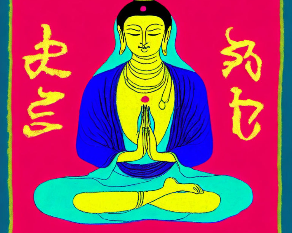 Colorful illustration of meditating figure in blue attire on pink background with yellow Asian script