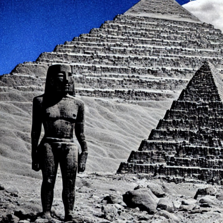 Statue with Pyramids Against Blue Sky