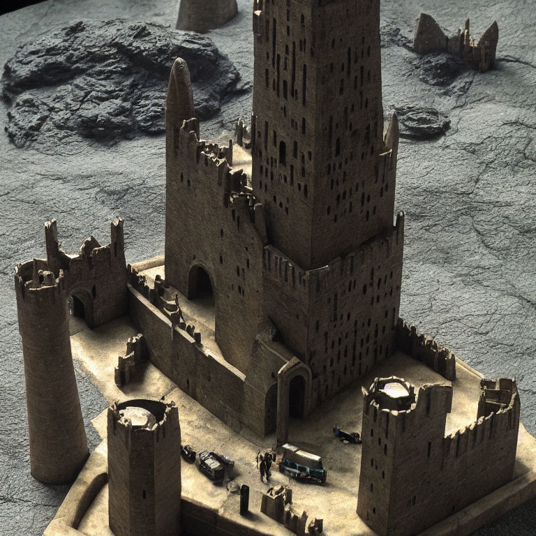 Miniature medieval fortress sandcastle with toy cars on sandy base