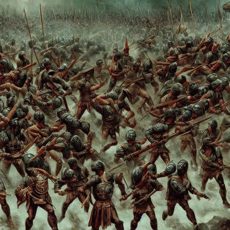 Historical battle scene with soldiers wielding spears and shields