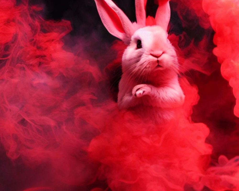 Pink bunny-eared rabbit in red smoke on dark background