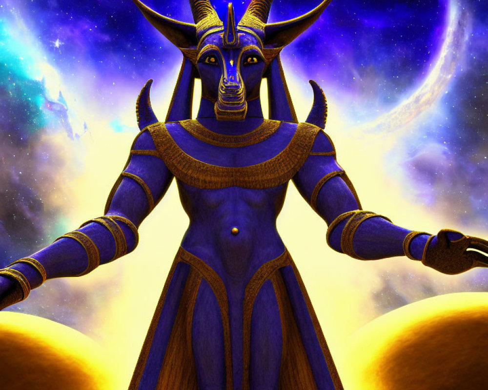 Digital art: Egyptian deity with blue and gold Anubis head in cosmic setting
