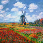 Vibrant Impressionist Landscape: Red Flower Fields, Blue Sky