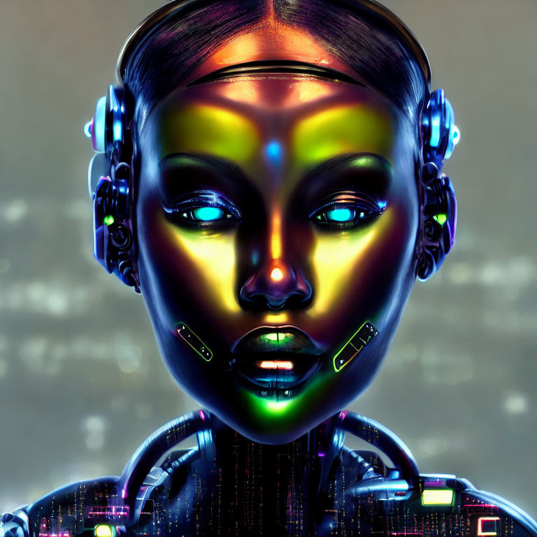 Cybernetic female figure with glowing skin and futuristic cityscape reflections