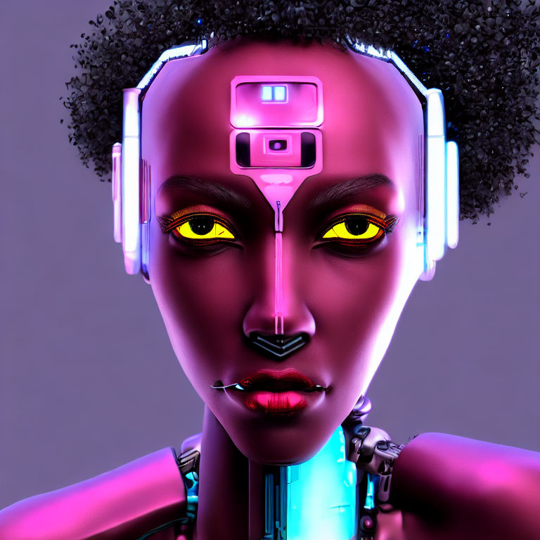 Purple-skinned robotic female with yellow eyes and cybernetic enhancements