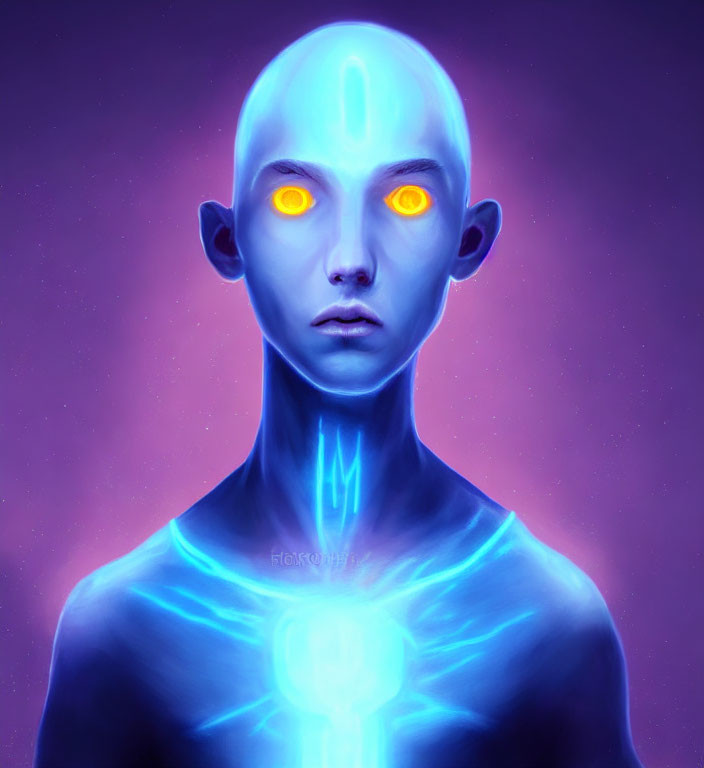 Blue humanoid with orange eyes and forehead symbol on purple background