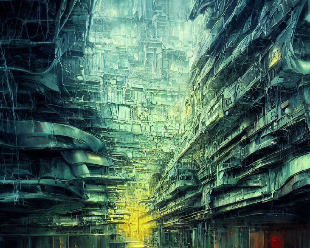 Dense Cyberpunk Cityscape with Glowing Yellow Light