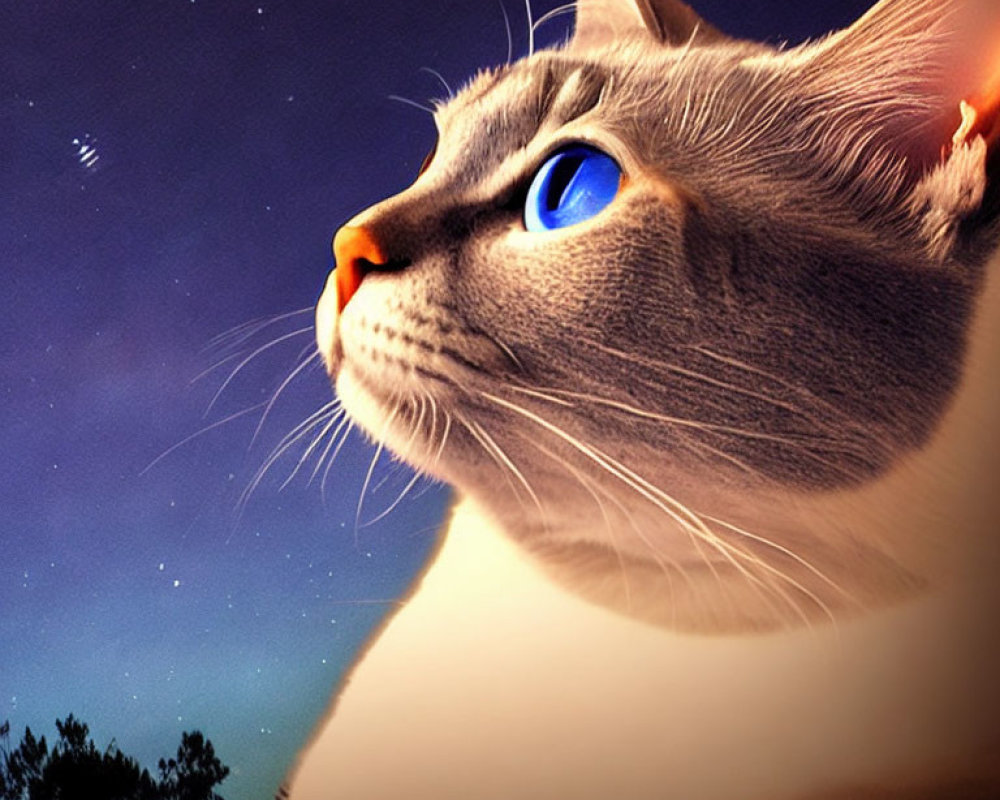 Blue-eyed cat staring at starry night sky