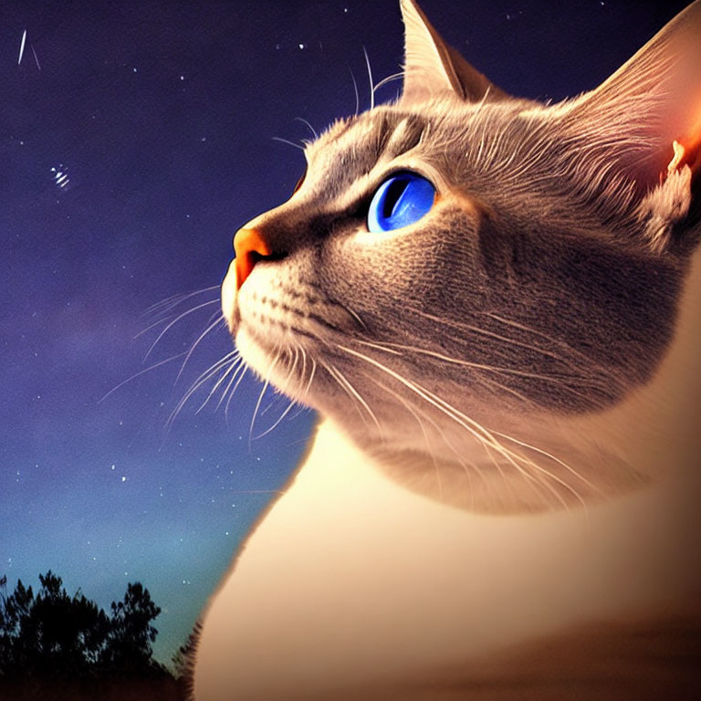 Blue-eyed cat staring at starry night sky