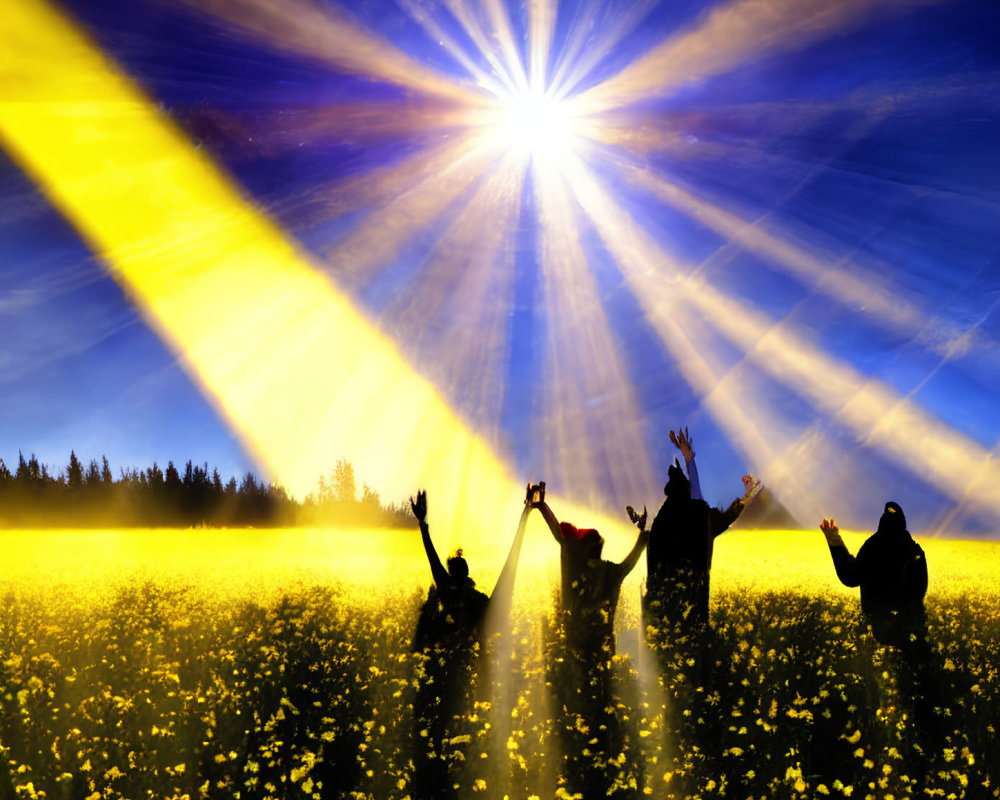 Group of People Celebrating in Yellow Flower Field Under Radiant Sun